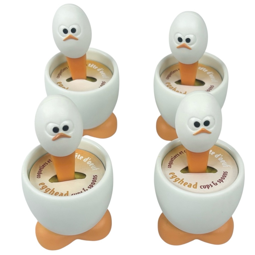New Unused Set of 4 White & Yellow Egghead Egg Holders & Matching Spoons